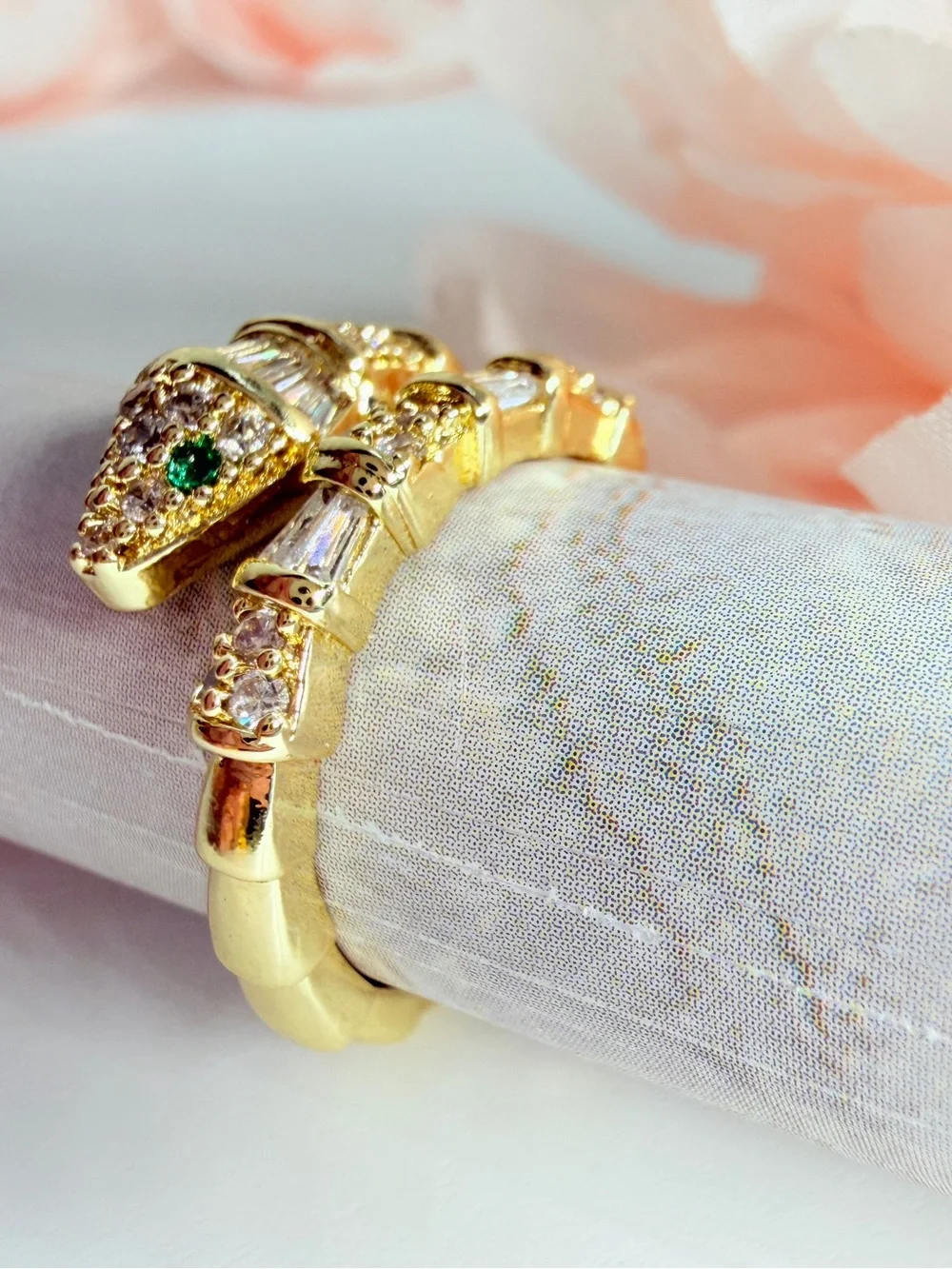 Gold Serpent-Style Ring with  Green Crystal Accents